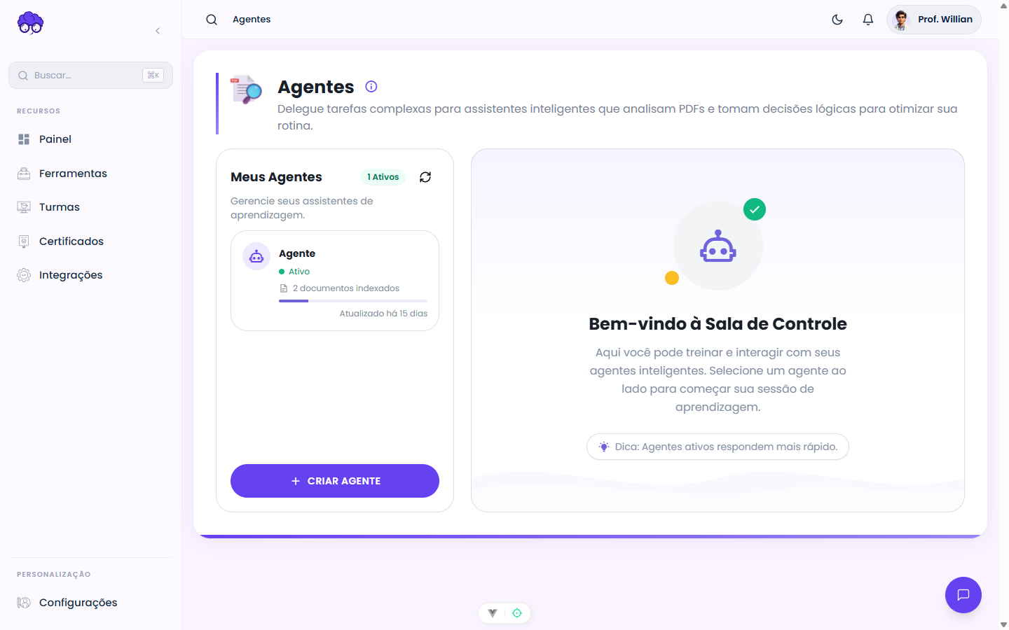 Tela inicial — Agentes de IA