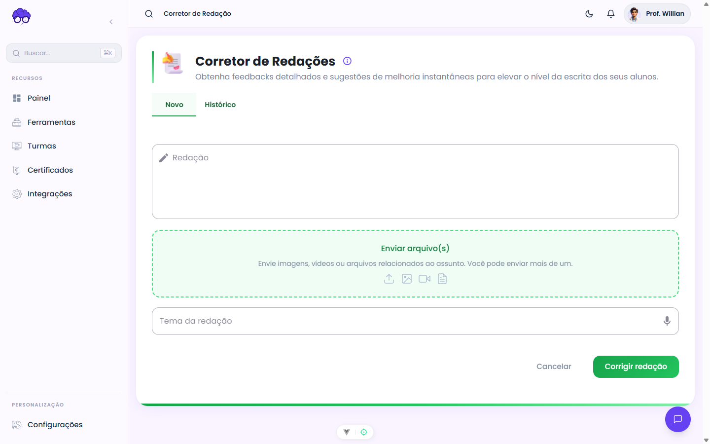 Tela inicial — Correção de Redação