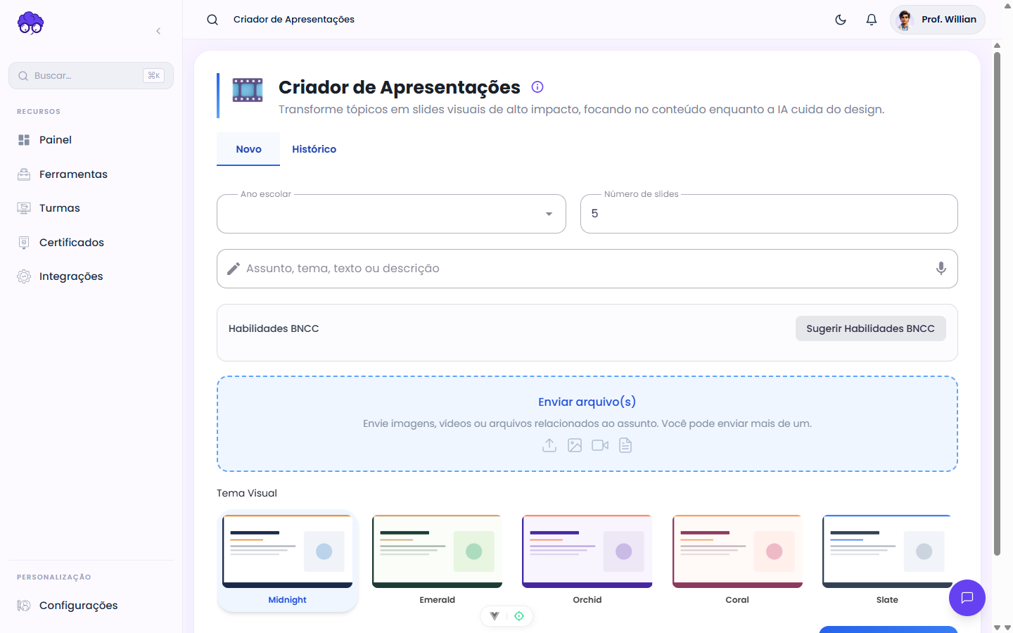 Tela inicial — Criador de Apresentações