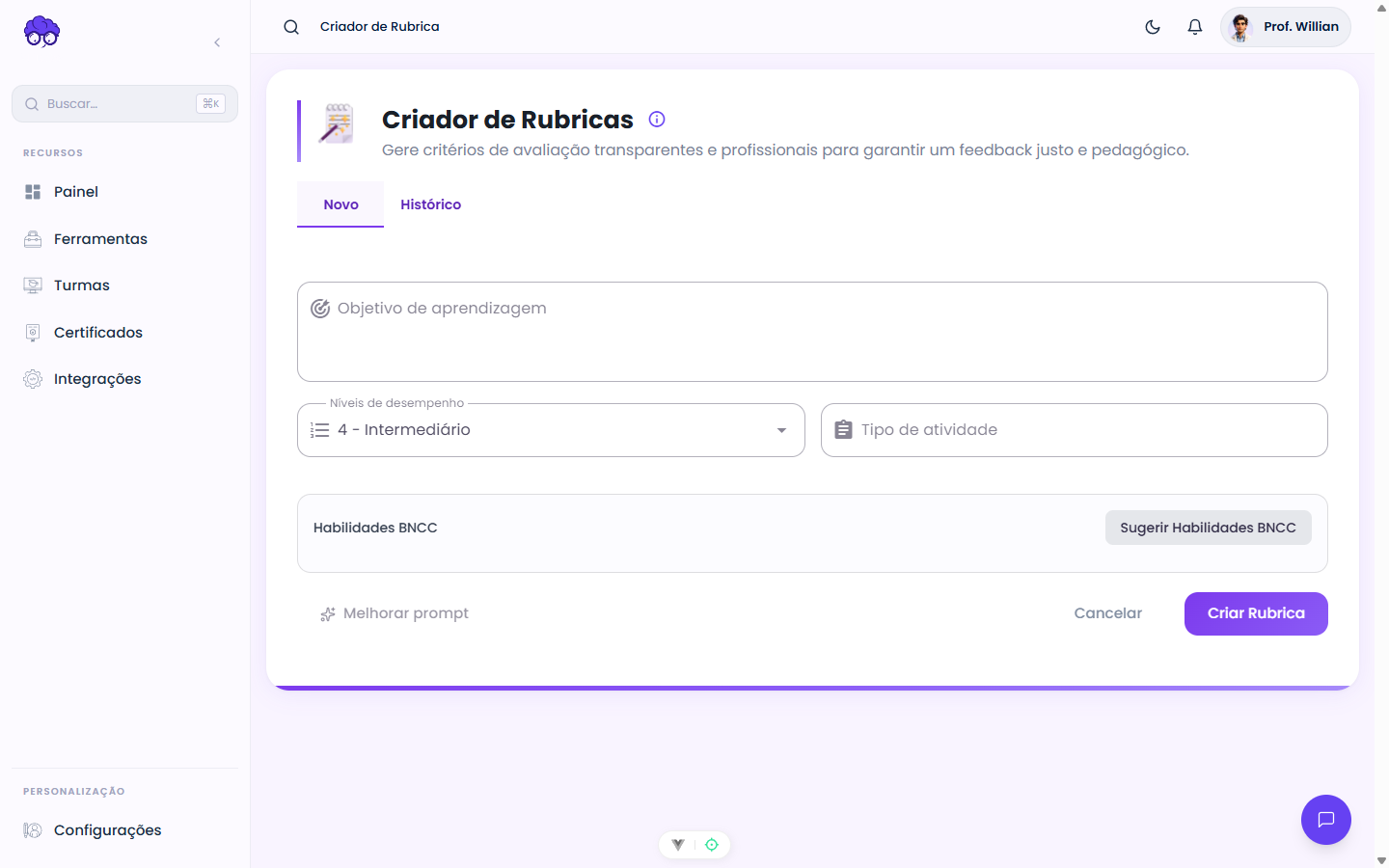 Tela inicial — Criador de Rubricas