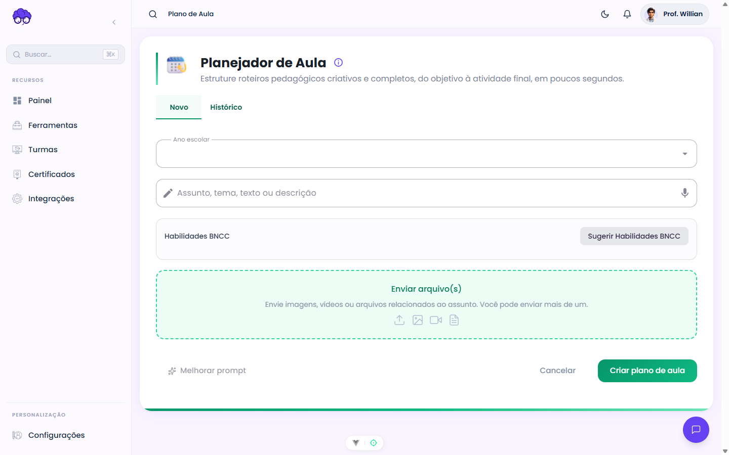 Tela inicial — Plano de Aula