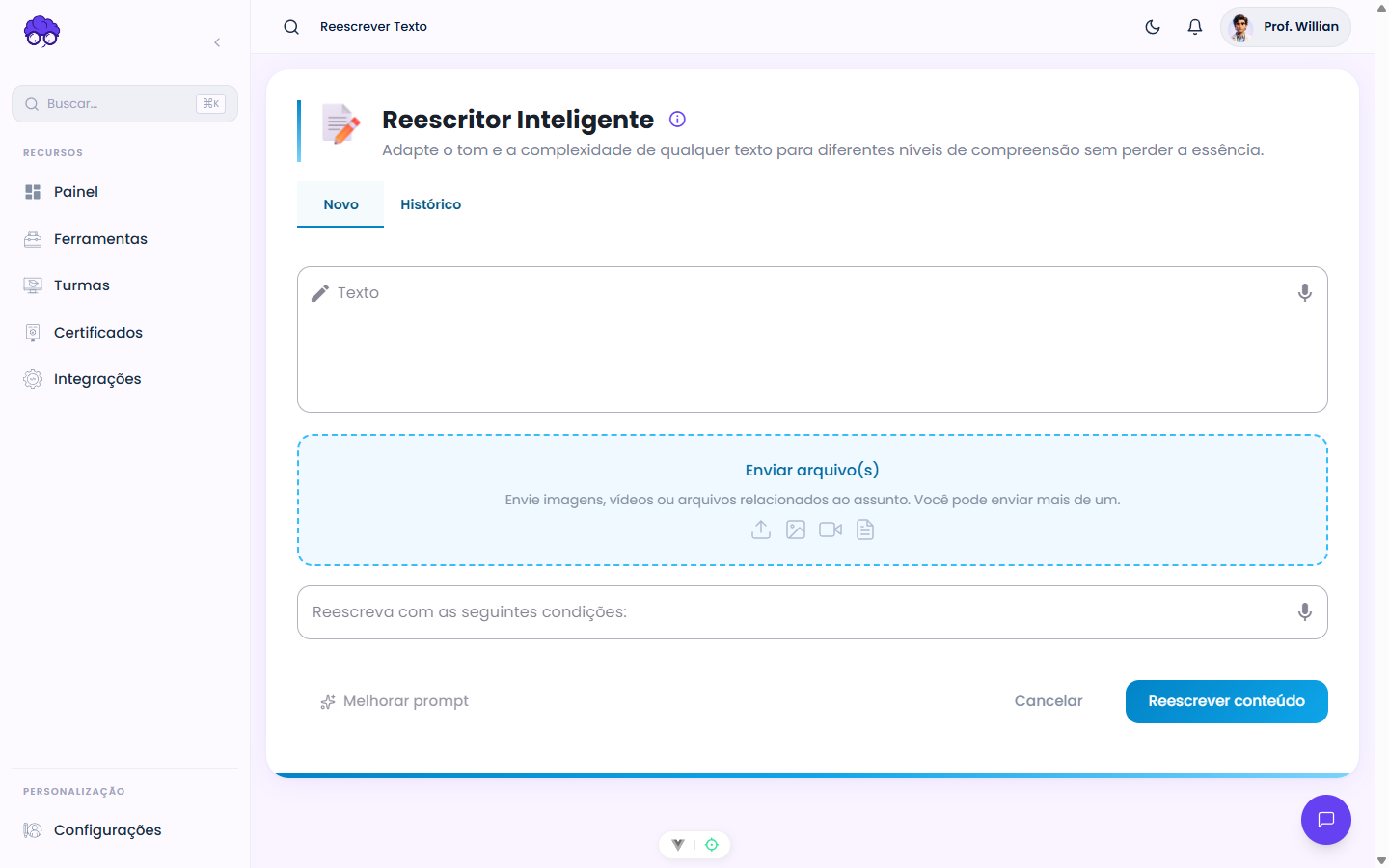 Tela inicial — Reescrita de Texto