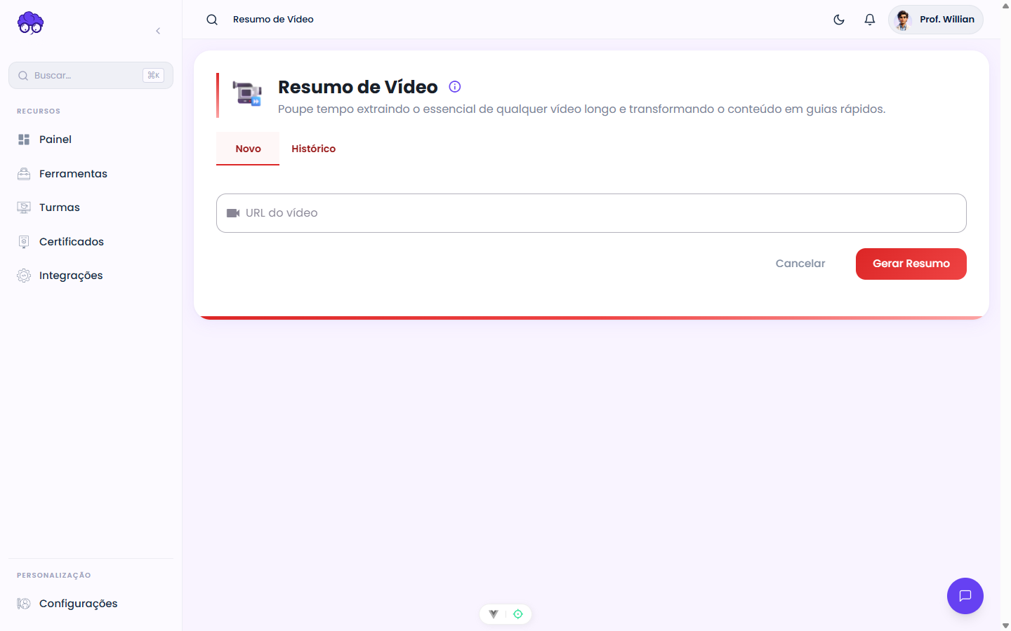 Tela inicial — Resumo de Vídeo
