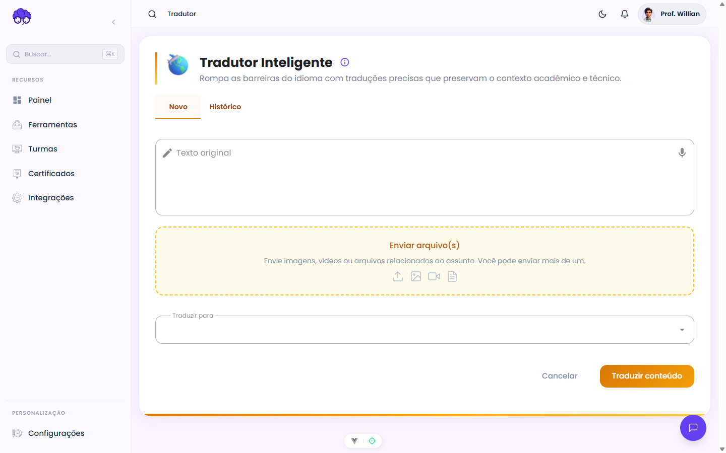 Tela inicial — Tradução
