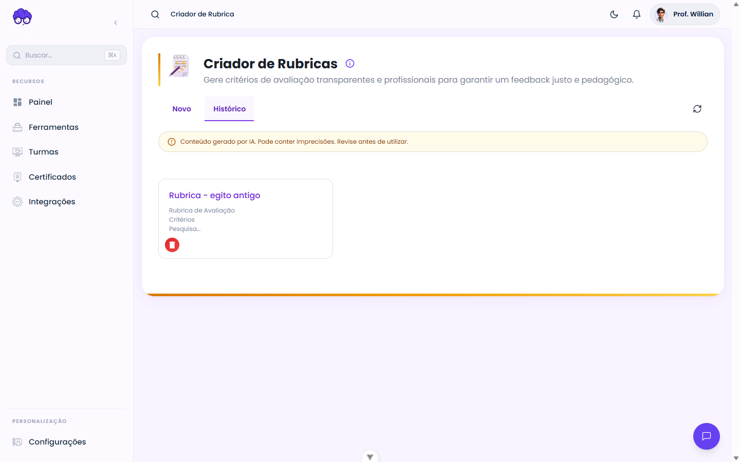 Histórico — Criador de Rubricas
