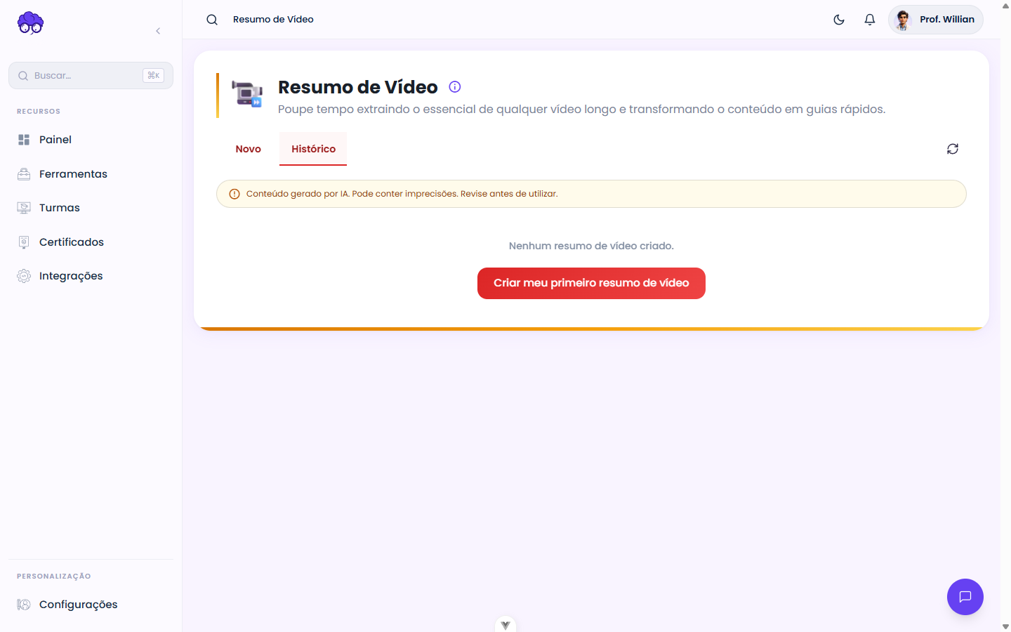 Histórico — Resumo de Vídeo