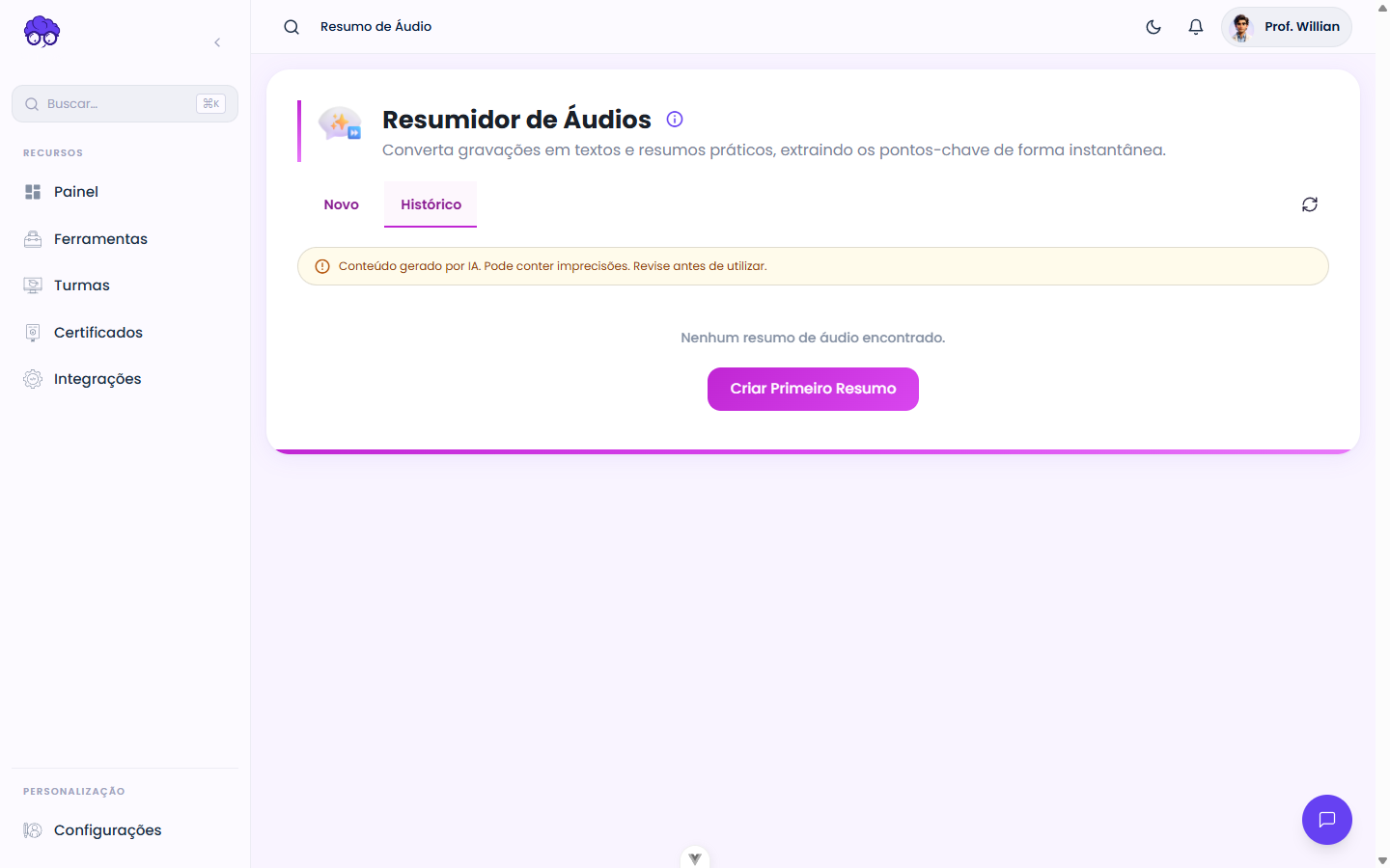Histórico — Resumo de Áudio