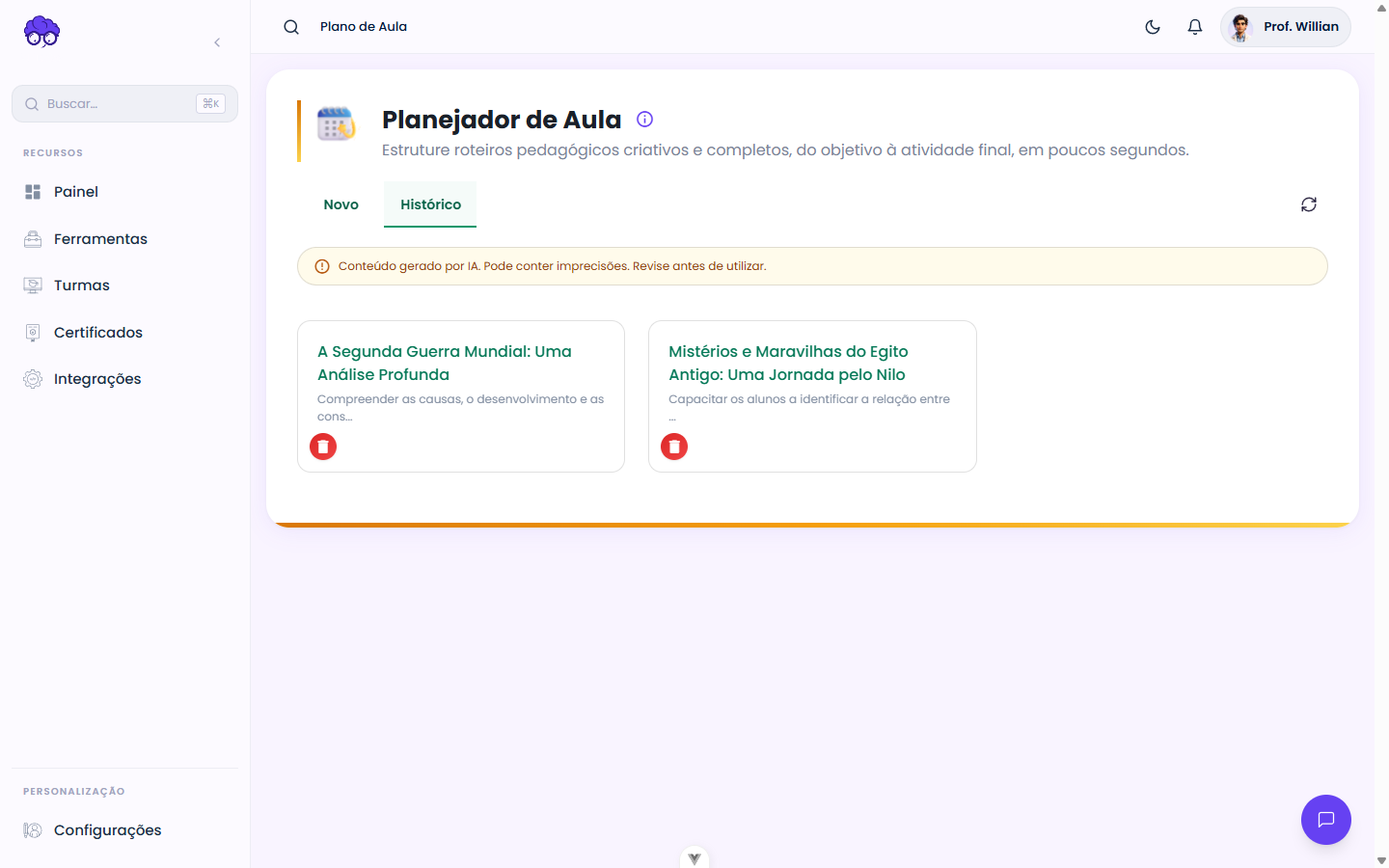 Histórico — Plano de Aula